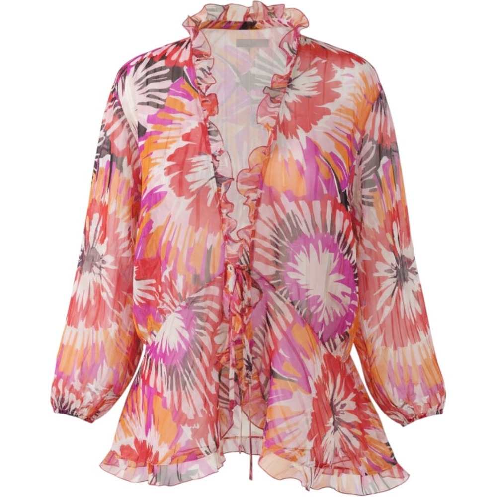 Notations Woman 2X Pink Orange Floral Sheer Pleated Ruffle Tie Front Blouse